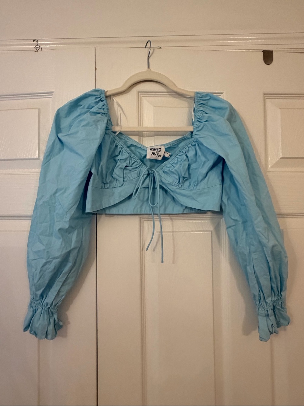 Light Blue Ruched Puff-Sleeve Crop Top with Front Tie